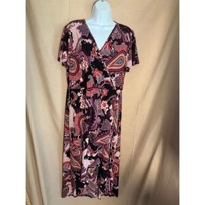 Elie McCarthy Paisley Faux Wrap Dress Women XL Burgundy Multi High Low Excellent